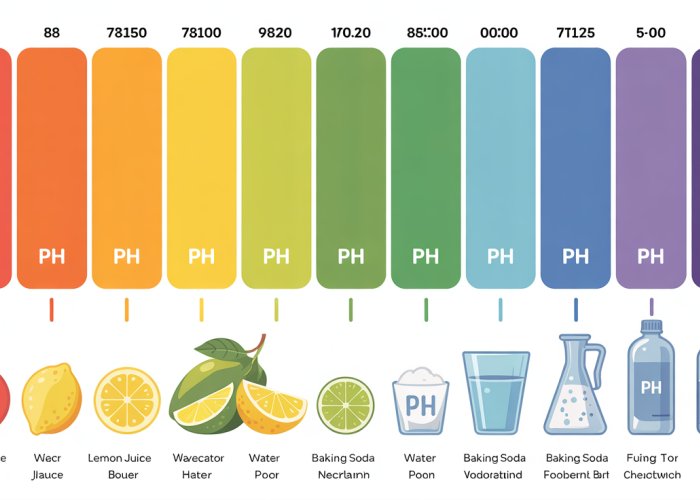 pH color scale chart showing pH values from 0 to 14 with corresponding colors and examples of common substances.
