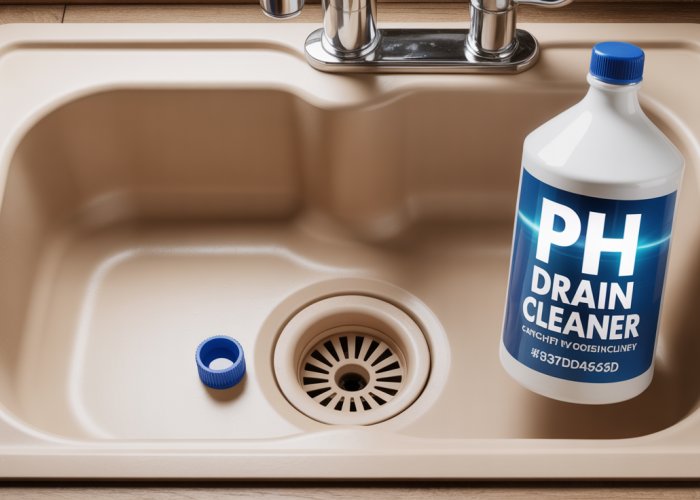 Clogged kitchen sink with pH drain cleaner next to it, ready to clear the blockage.