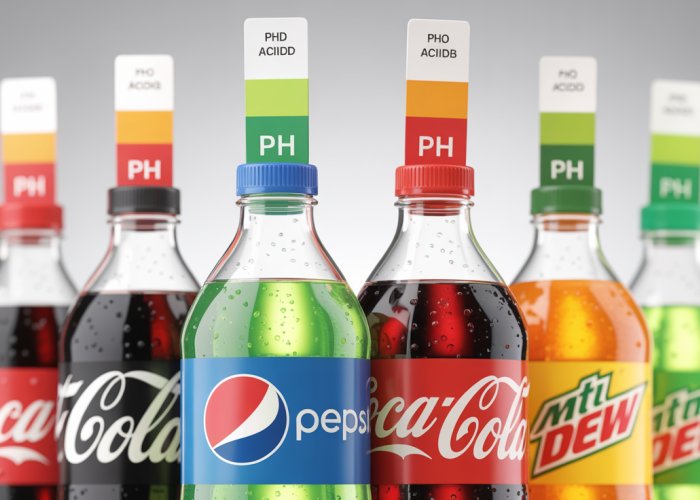 pH levels of common soda brands like Coke, Pepsi, and Sprite compared using pH test strips.