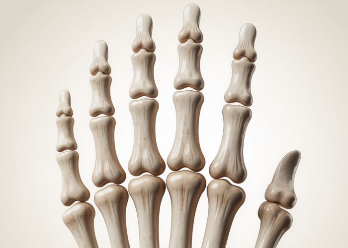 Anatomical illustration of the proximal and distal phalanges of the thumb, showing the bone structure and ligaments.