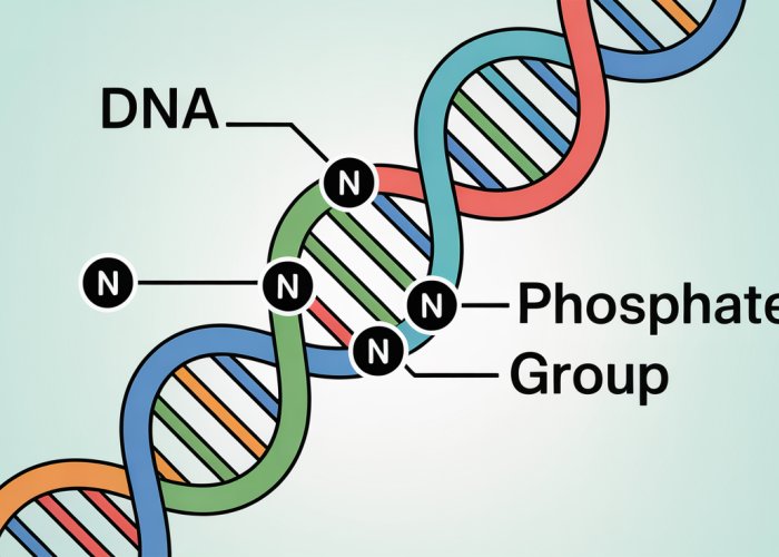 Diagram of a DNA molecule highlighting the negative charge of the phosphate group.