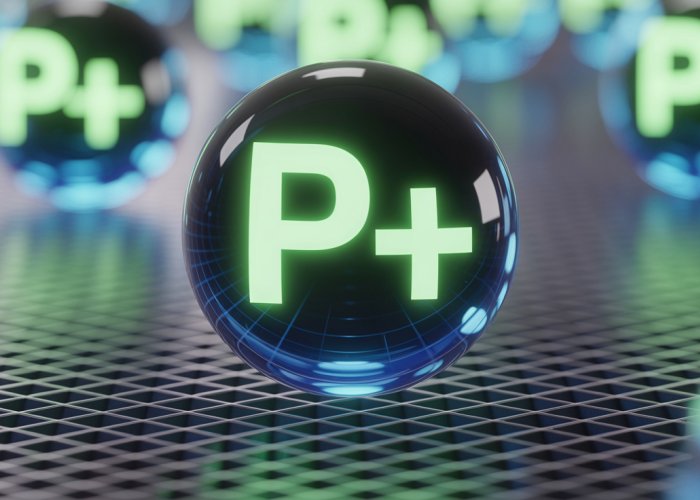 Microscopic view of a positively charged phosphorus ion (P+) in a silicon lattice, illustrating semiconductor doping.