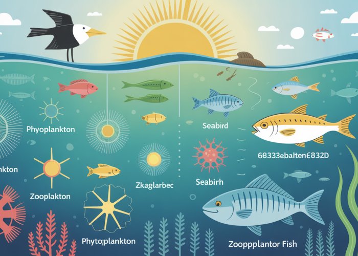 Illustration depicting the phytoplankton food chain in the ocean, showing the flow of energy from phytoplankton to larger marine organisms.