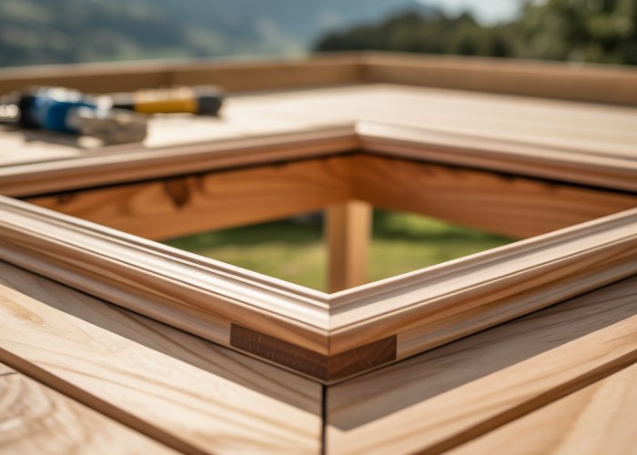 Close-up of a custom-built picture frame integrated into a wooden deck, showcasing intricate joinery and highlighting a scenic view.