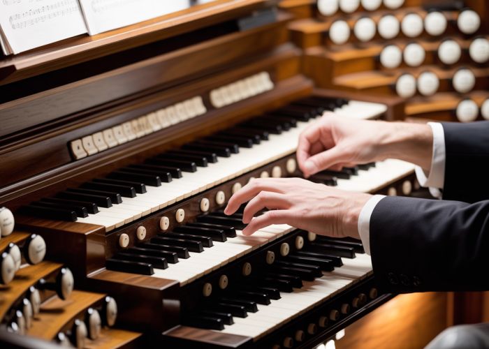 Close-up of hands playing a pipe organ during a performance.