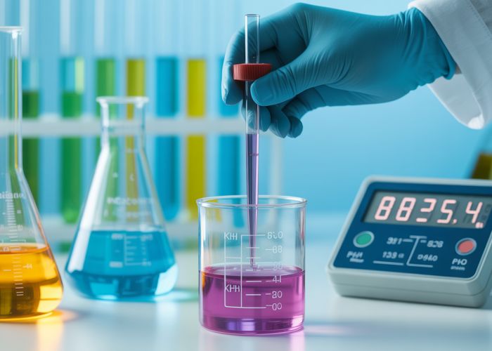 Titration experiment underway to determine the pKa of potassium hydrogen phthalate (KHP) using a digital pH meter.