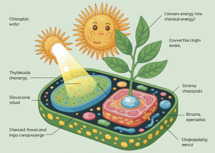 Illustration of a plant cell with labeled parts involved in photosynthesis, including chloroplasts, thylakoids, and stroma.