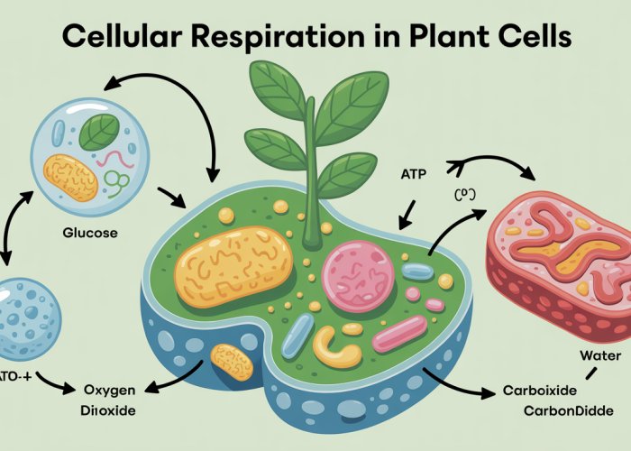 Diagram of cellular respiration in a plant cell, showing glucose and oxygen entering the mitochondria and carbon dioxide, water, and ATP being produced.