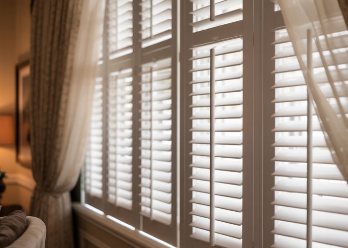 Elegant plantation shutters and sheer drapes creating a soft and inviting window treatment.