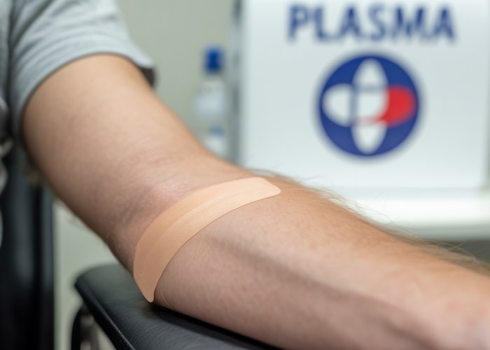 Arm with bandage after donating plasma, highlighting healthy recovery