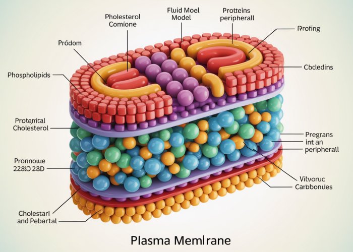 Illustration of the plasma membrane, highlighting phospholipids, cholesterol, proteins, and carbohydrates.