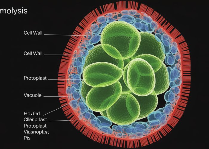 Plant cell undergoing plasmolysis, showing protoplast shrinkage and separation from the cell wall.