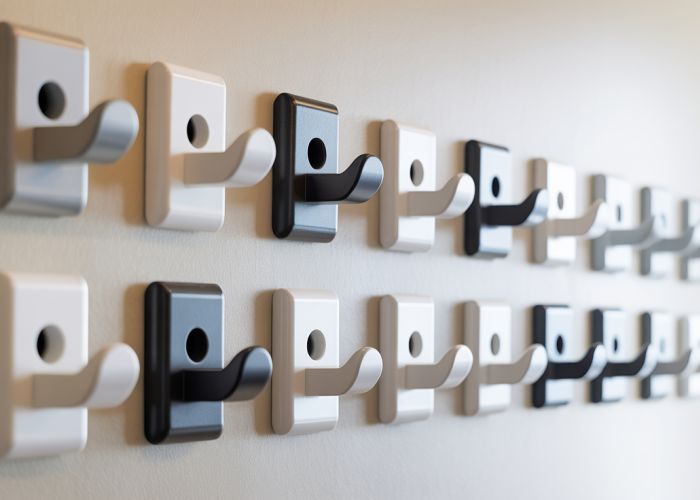 Various types of plaster wall hangers: hooks, picture hangers, and mounting squares, on a white plaster wall.