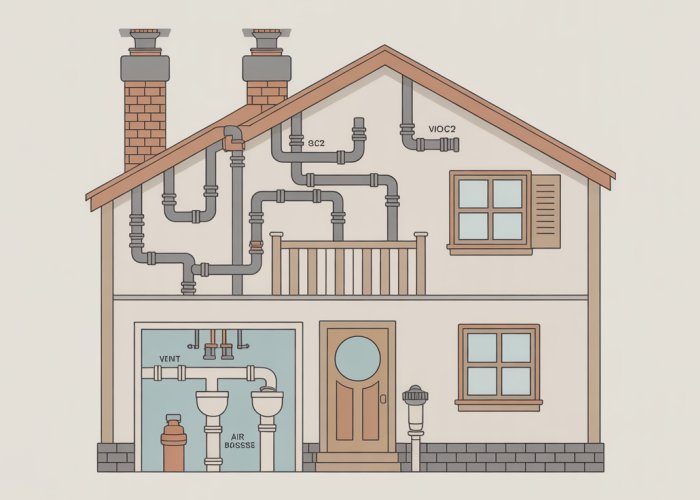 Plumbing vent diagram showing proper vent pipe installation and connections.