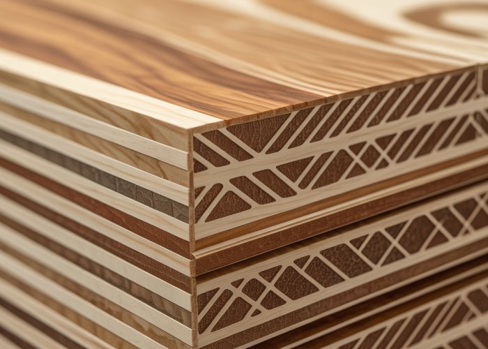 Close-up of plywood edge showing layer density and wood grain.