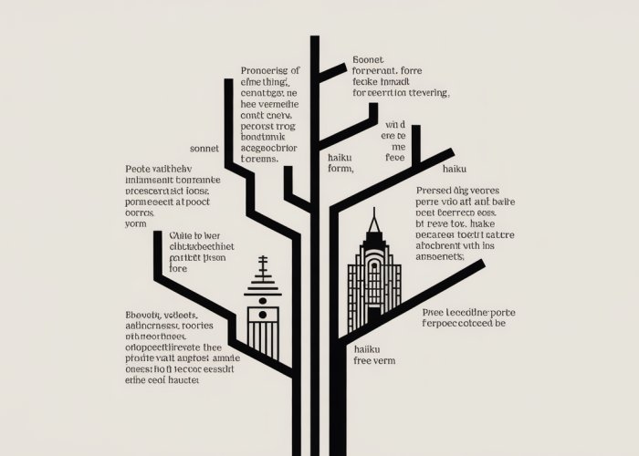Abstract illustration of poetic structures using geometric shapes and lines of text to represent different forms.
