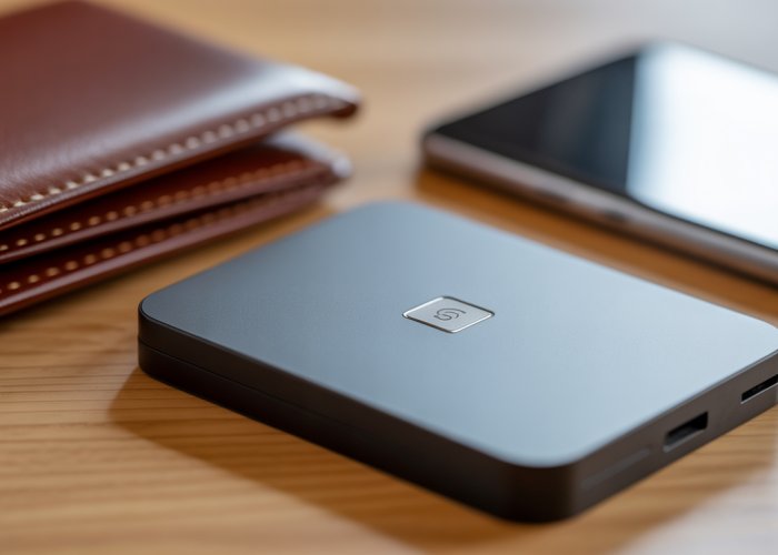 Portable hard drive next to a smartphone, highlighting its compact size.