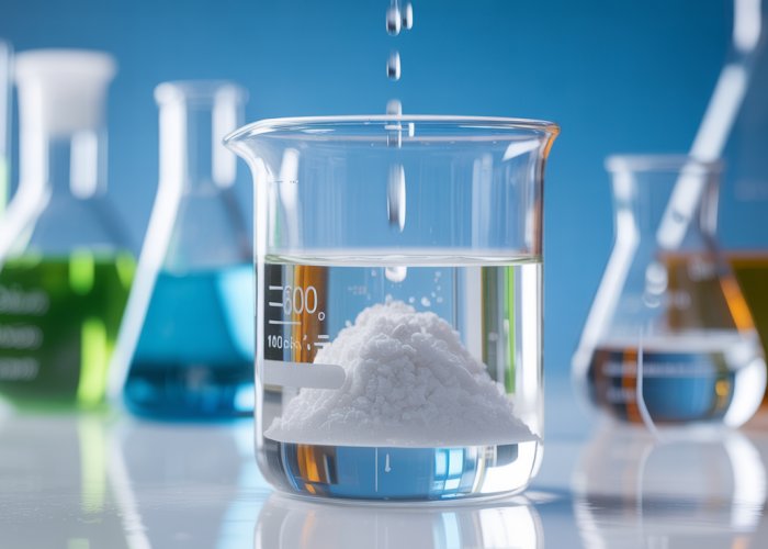 Potassium chloride soluble powder dissolving in water in a beaker.