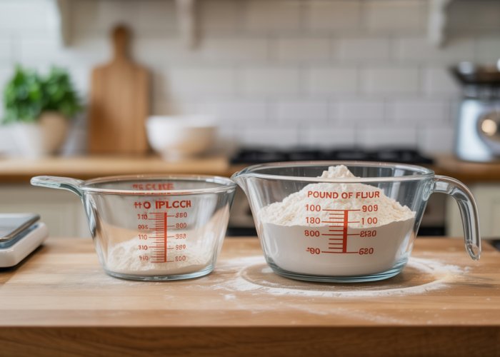 Visual comparison of one pound of flour next to 454 grams of flour, highlighting the different volumes.