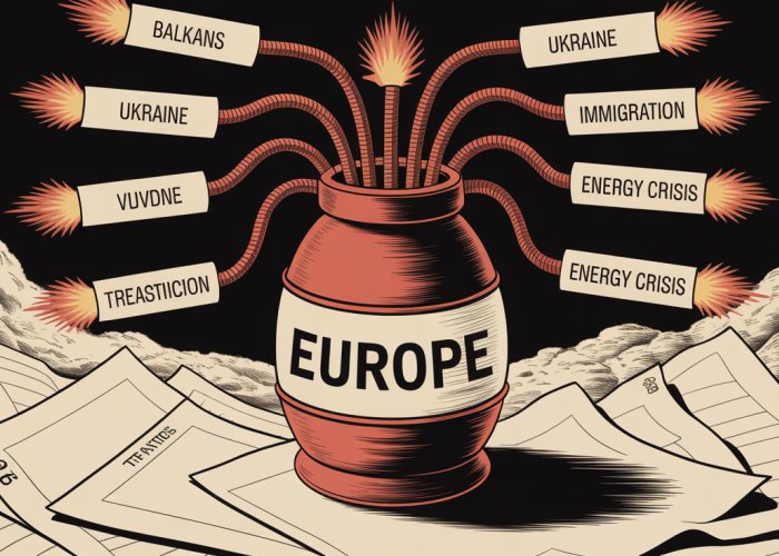 A visual representation of Europe as a powder keg, highlighting various potential triggers for conflict.