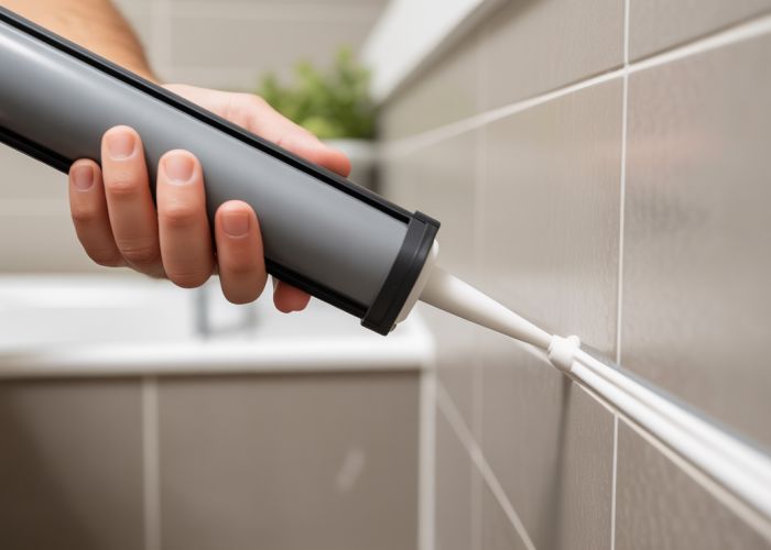 Cordless power caulking gun applying sealant to bathroom tile
