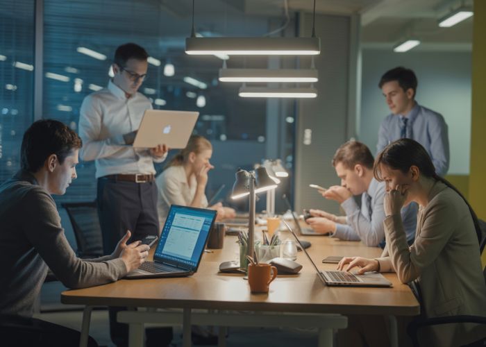 Office workers using laptops and phones under emergency lighting during a power outage.