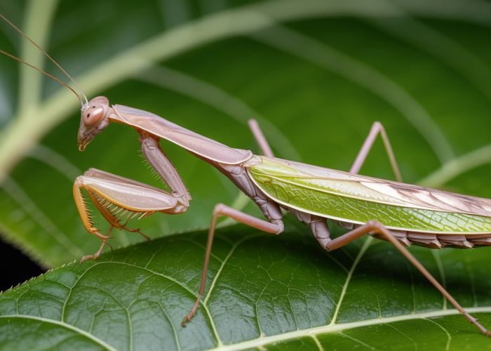 Close-up of a praying mantis on a leaf. Counting abdominal segments can help determine if it's male or female.
