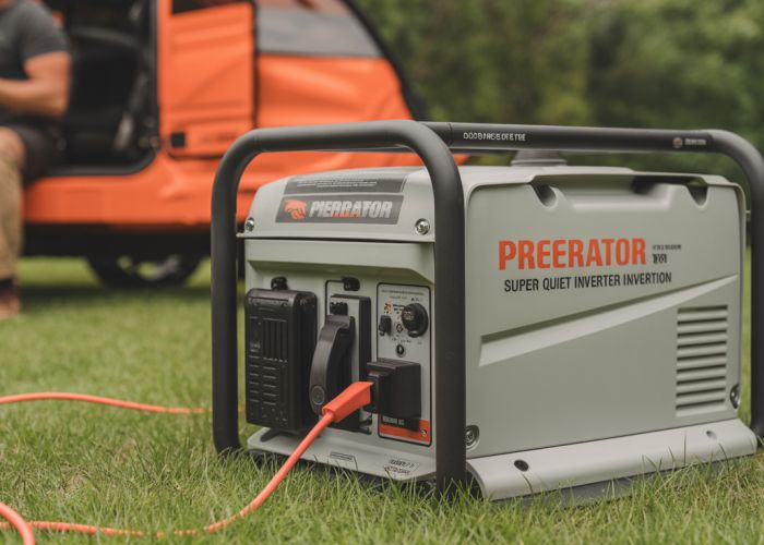 Predator 3500 Super Quiet Inverter Generator providing power at a campsite.