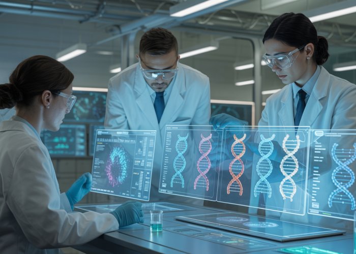 Scientists using advanced technology to predict genetic outcomes in a futuristic lab.