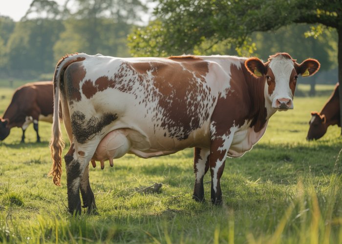 Pregnant cow grazing in a pasture, illustrating the topic of cow pregnancy length.