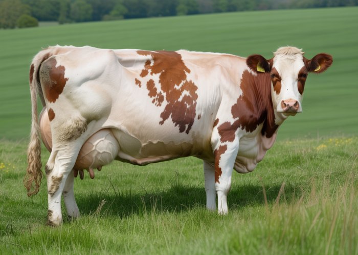 Pregnant cow grazing peacefully in a green pasture.