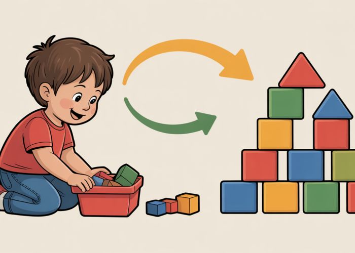 Illustration showing a child completing the less preferred task of putting away toys in order to gain access to the more preferred task of playing with building blocks, illustrating the Premack Principle in ABA.
