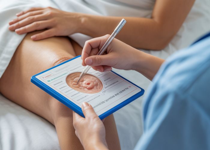 Healthcare professional assessing patient's skin for pressure ulcer risk using a clinical assessment tool.