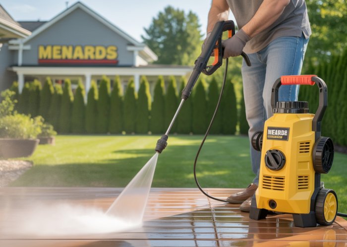 Man cleaning deck with yellow pressure washer purchased from Menards
