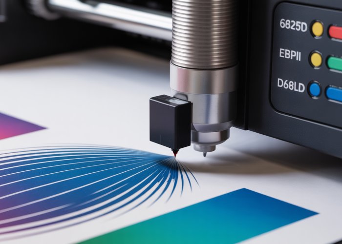 Close-up of printer nozzle spraying ink, illustrating DPI (dots per inch) and its impact on print quality.