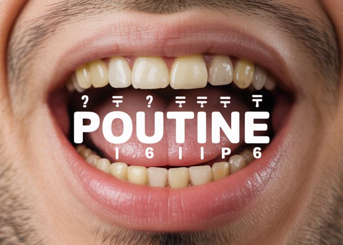 Mouth articulating the word 'poutine' with phonetic symbols, emphasizing correct pronunciation.