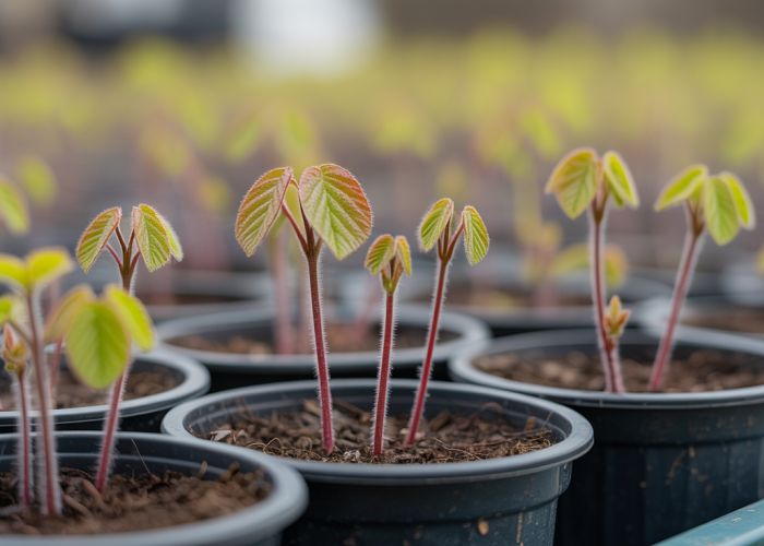 Close-up of redbud tree seedlings sprouting in small pots, showing reddish stems and delicate green leaves.