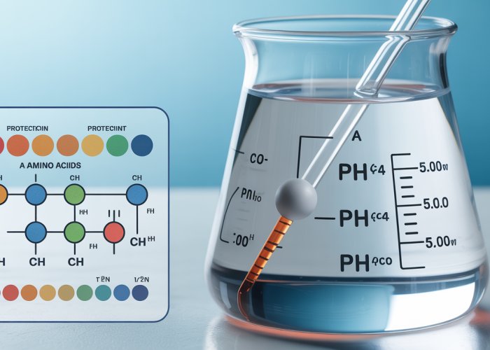 Stomach acid begins protein digestion: A beaker representing the stomach environment demonstrates protein breakdown.