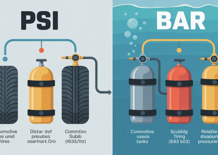 Infographic comparing PSI (pounds per square inch) and bar pressure units, showing conversion rates and common applications.