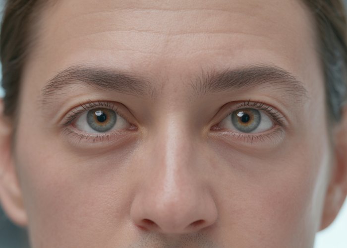 Patient with improved eyelid position after ptosis surgery showing symmetrical and alert eyes.
