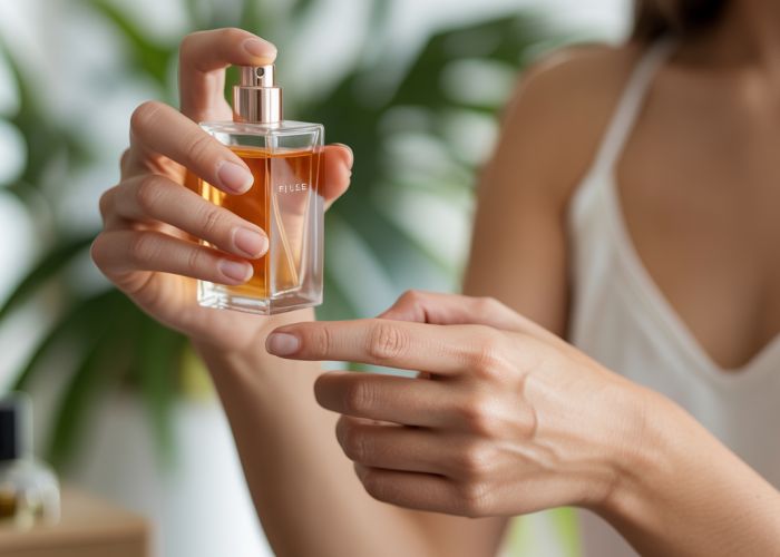 Woman applying pulse point perfume to her wrist, focus on the elegant bottle and her skin.