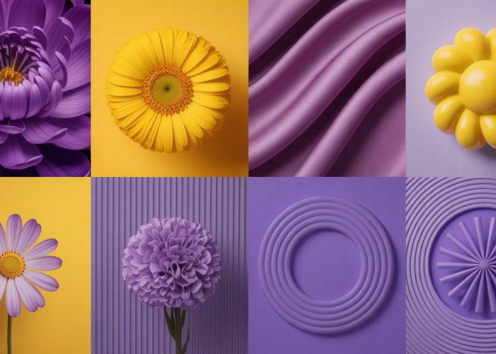 Purple and Yellow Color Palette: Showcasing complementary colors with flowers, fabrics, and abstract shapes.