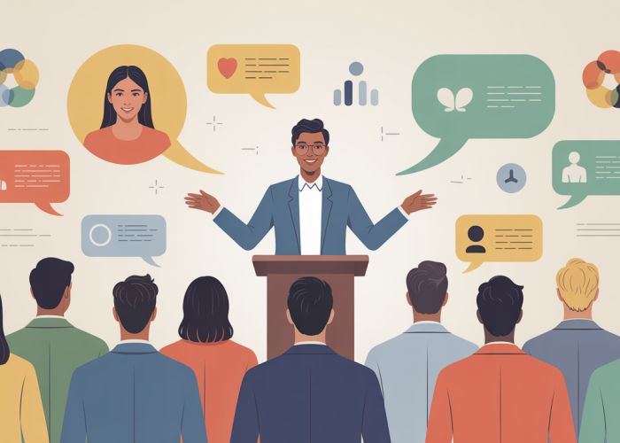 Speaker addressing a diverse audience, emphasizing the importance of a clear purpose of speech.