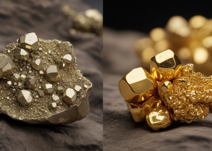 Pyrite (fool's gold) compared to real gold, showing the differences in color and luster.