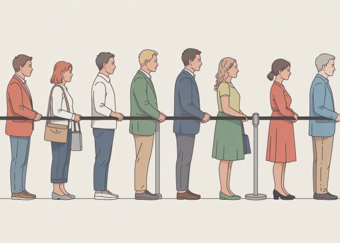 People of various ages and ethnicities standing in an orderly queue.