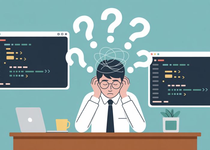 Data scientist frustrated with renaming variables in R, showing tangled code and question marks.
