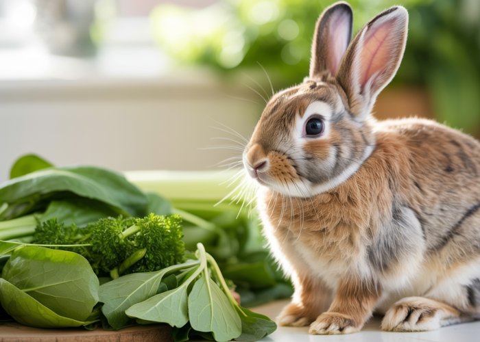 Close-up of a rabbit enjoying a healthy meal of leafy greens, highlighting its herbivorous diet.