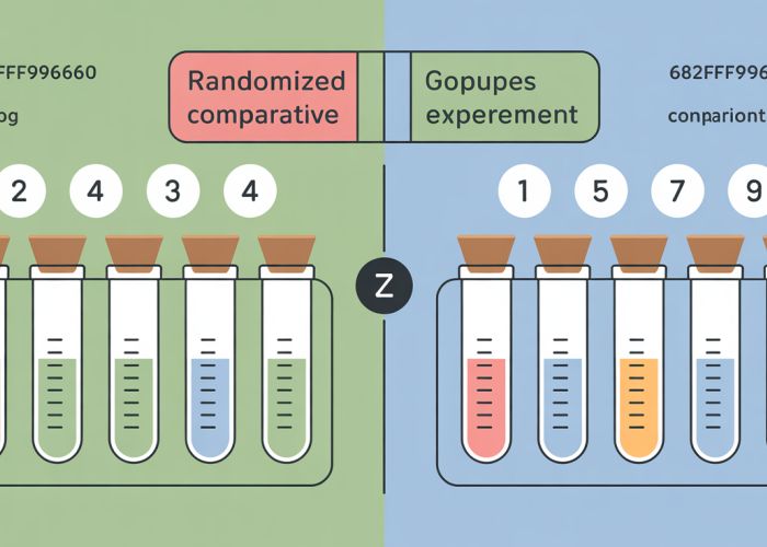 Visual representation of a randomized comparative experiment showing two groups undergoing different treatments being observed and compared.