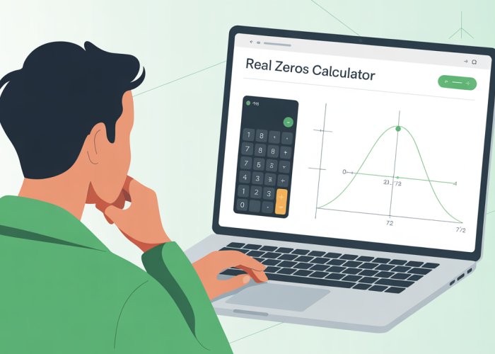 Person using a real zeros calculator on a laptop to solve a math problem, with a focus on understanding the concept.