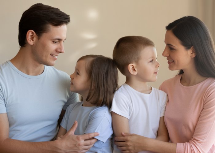 Family illustration showing how a recessive trait can appear in a child when both parents are carriers.